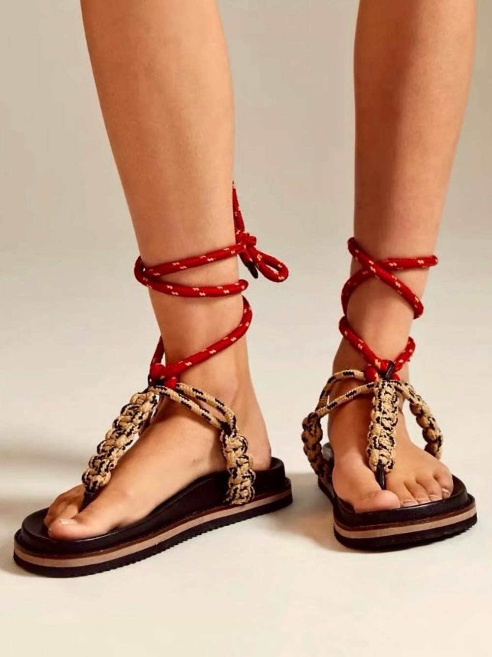 Anthropologie Red Rope & Tan Braided Gladiator Sandals